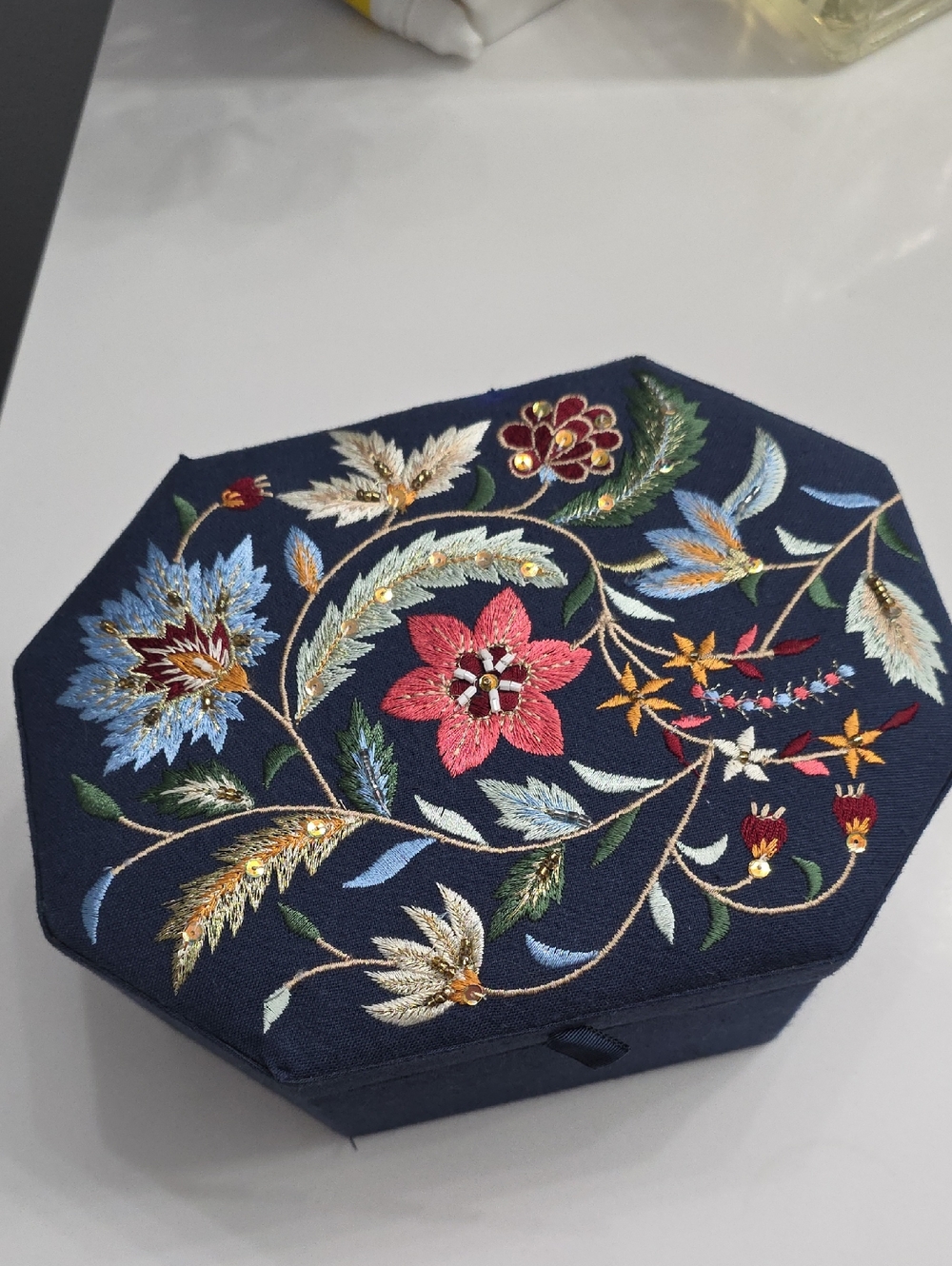 Source Unknown Navy Embroidered Floral Trinket Box